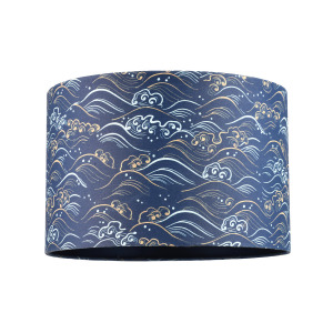 Round 30cm Lamp Shade in Midnight Blue Cotton Fabric with Gold and White Waves