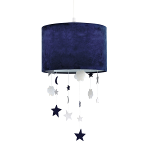 Soft Midnight Blue Velvet Pendant Lamp Shade with Hanging Felt Stars and Clouds