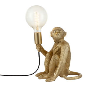 Monkey Sculptured Table Lamp Resin Base in Brushed Gold with Black Fabric Cable