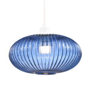 Modern Designer Navy Midnight Blue Line Ribbed Glass Oval Pendant Lamp Shade