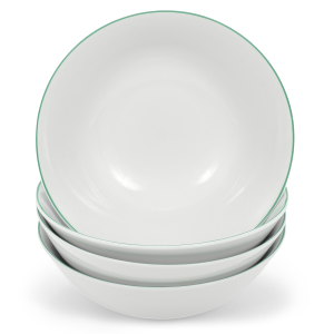 Set of 4 White Ceramic Dinner Bowls with Elegant Green Rim - Durable & Stylish