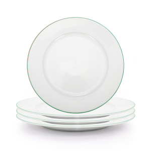 Set of 4 Durable White Ceramic Side Plates with Elegant Green Rim