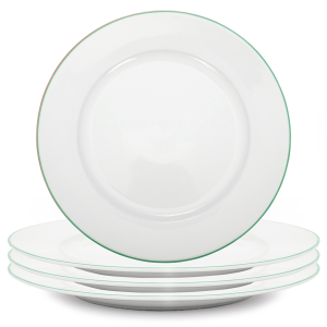 Set of 4 Durable White Ceramic Dinner Plates with Elegant Green Rim