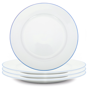 Set of 4 Durable White Ceramic Dinner Plates with Elegant Blue Rim