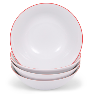 Set of 4 White Ceramic Dinner Bowls with Elegant Red Rim - Durable & Stylish