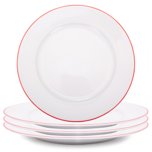 Set of 4 Durable White Ceramic Dinner Plates with Elegant Red Rim