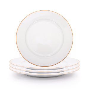 Set of 4 Durable White Ceramic Side Plates with Elegant Orange Rim