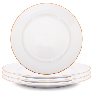 Set of 4 Durable White Ceramic Dinner Plates with Elegant Orange Rim