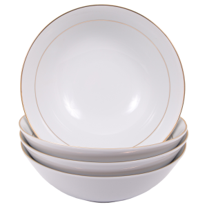 Set of 4 Durable White Ceramic Dinner Bowls with Dual Shiny Gold Plated Rims