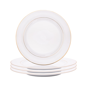 Set of 4 White Ceramic Side Plates with Dual Shiny Gold Rims - Durable & Elegant