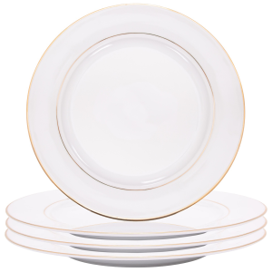 Set of 4 Durable White Ceramic Dinner Plates with Dual Shiny Gold Metallic Rims