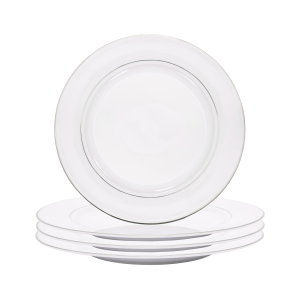 Set of 4 Durable White Ceramic Side Plates with Dual Shiny Silver Metallic Rims