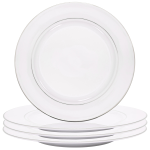 Set of 4 Durable White Ceramic Dinner Plates with Dual Silver Metallic Rims