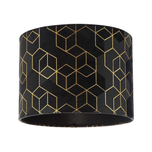 Black Soft Velvet Lamp Shade with Metallic Gold Foil Lines in Geometric Design