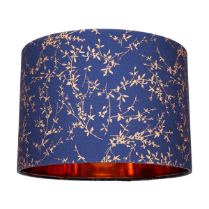 Modern Navy Blue Cotton Fabric 12" Lamp Shade with Copper Foil Floral Decoration