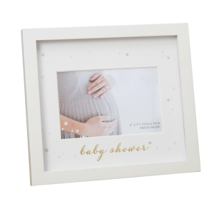 Ivory White Baby Shower Picture Frame with Silver Foil Stars and Gold Lettering