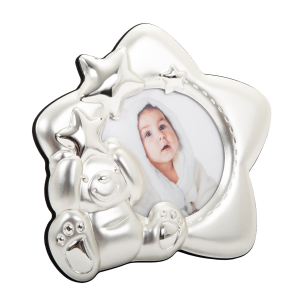 Star Shaped Silver Plated Baby Photo Frame with Teddy Bear and Decorative Stars