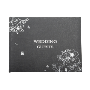 Beautiful Black Satin Fabric Wedding Day Guest Book with Silver Floral Decor