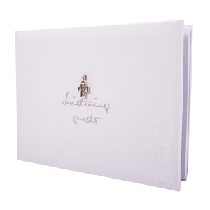 Beautiful White Satin Fabric Christening Guest Book with Silver Metal Cross