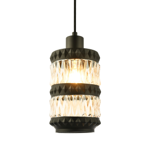 Traditional Can Shaped Pendant Shade in Matte Black with Amber Glass Sections