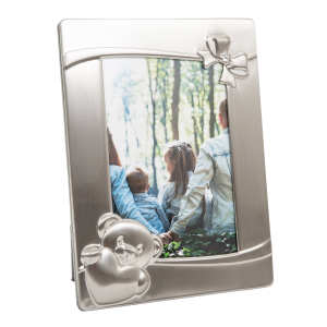 Bushed Pewter Baby Picture Frame with Teddy Bear and Bow with Diamante Crystal