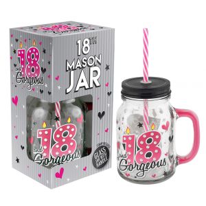 18th Birthday Mason Jar With Metal Lid Glass Handle and Pink/White Straw